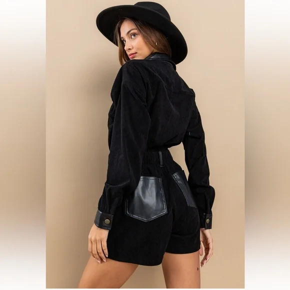 13 Corduroy and PU Mix Elastic Waist Romper - Picture 5 of 6